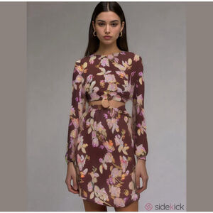 NWT Minkpink Orelie Cutout Mini Dress Large Brown Floral Long Sleeve Boho L